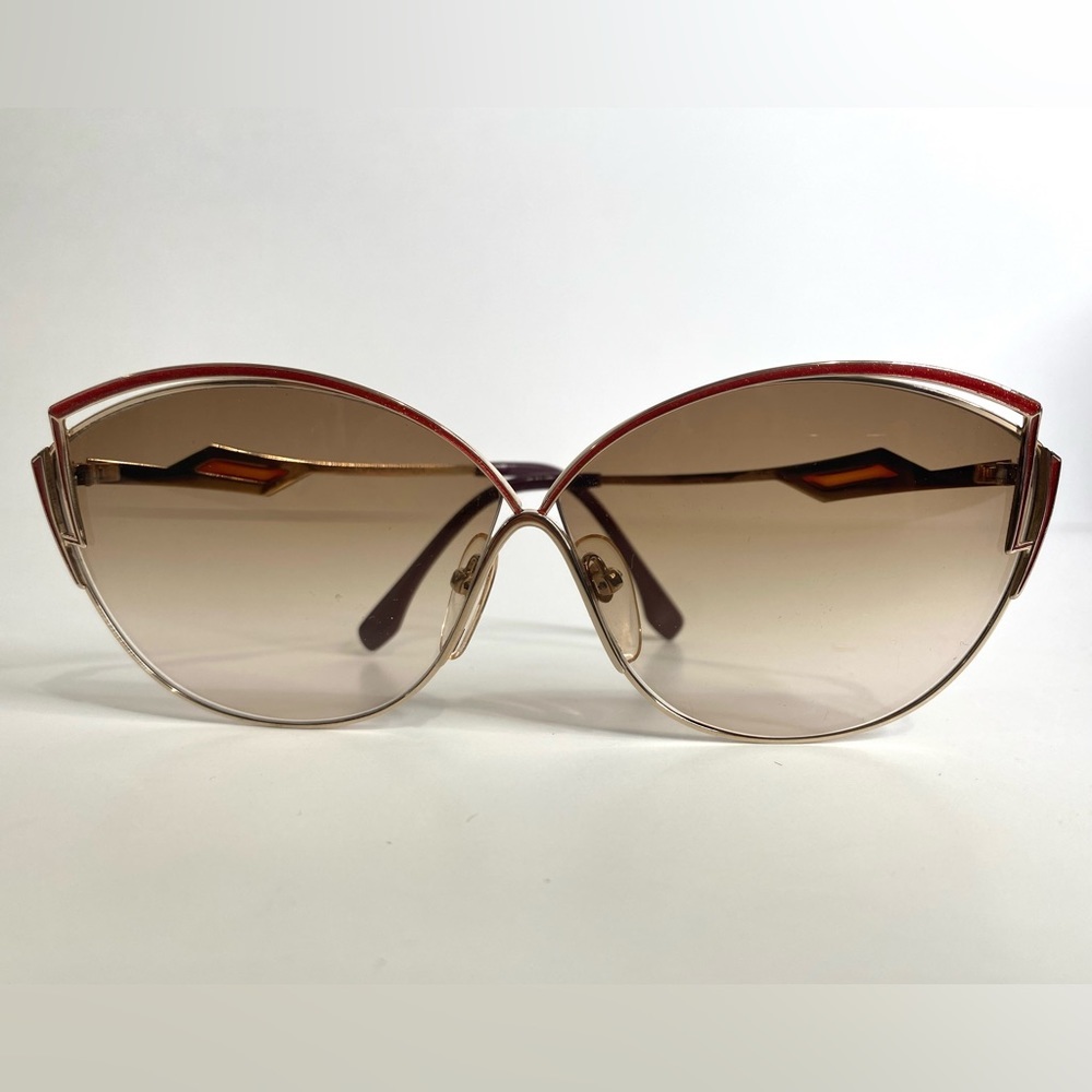 Yves Saint Laurent Vintage 80s Cat Eye Sunglasses Red Sparkle Enamel Gold Frame - Picture 2 of 16